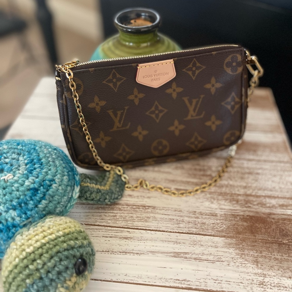 Louis Vuitton Multi Pochette Accessories Small Monogram Wristlet with Gold Chain